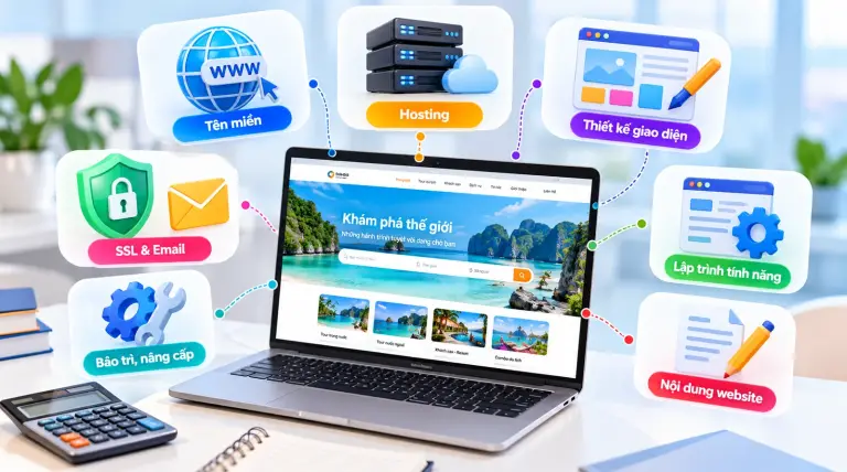 Chi phí làm website gồm tên miền, hosting, thiết kế giao diện, lập trình, nội dung, SSL, email và bảo trì