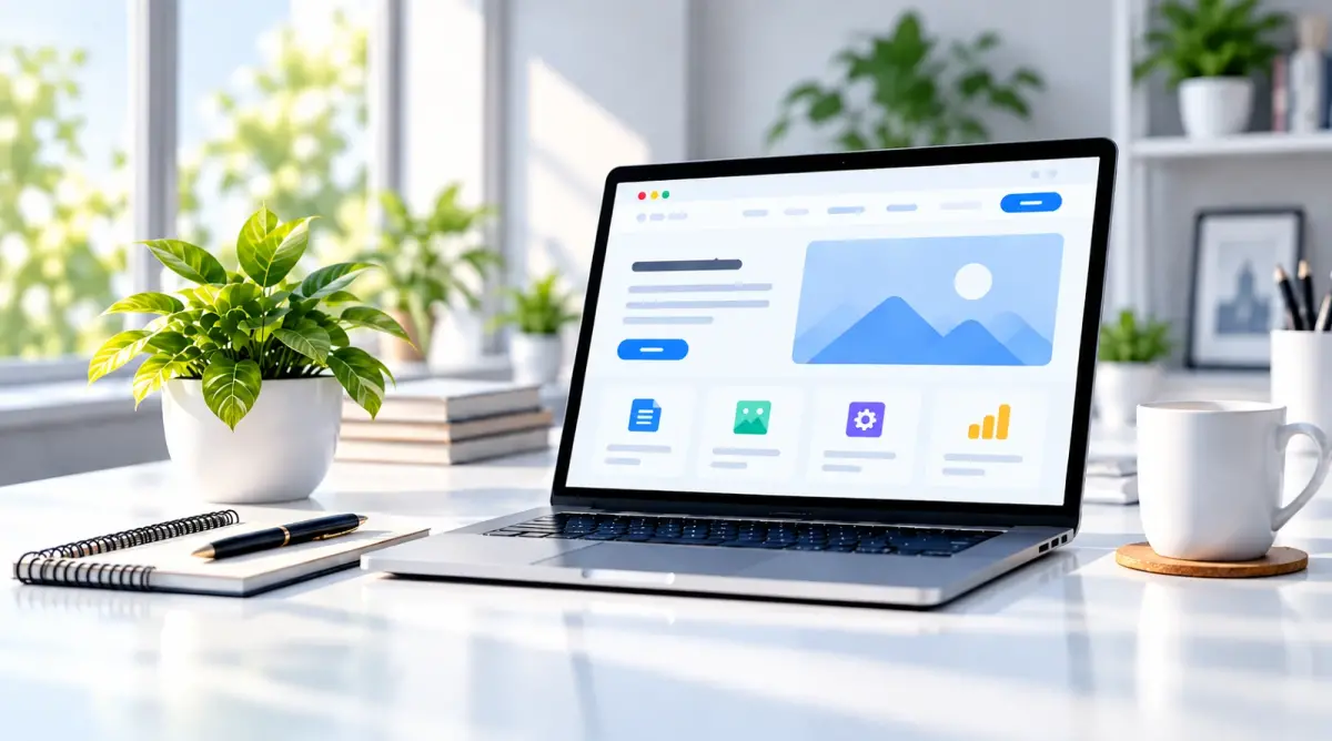Laptop mở website cửa hàng trên bàn làm việc — chọn tên miền dễ nhớ cho cửa hàng