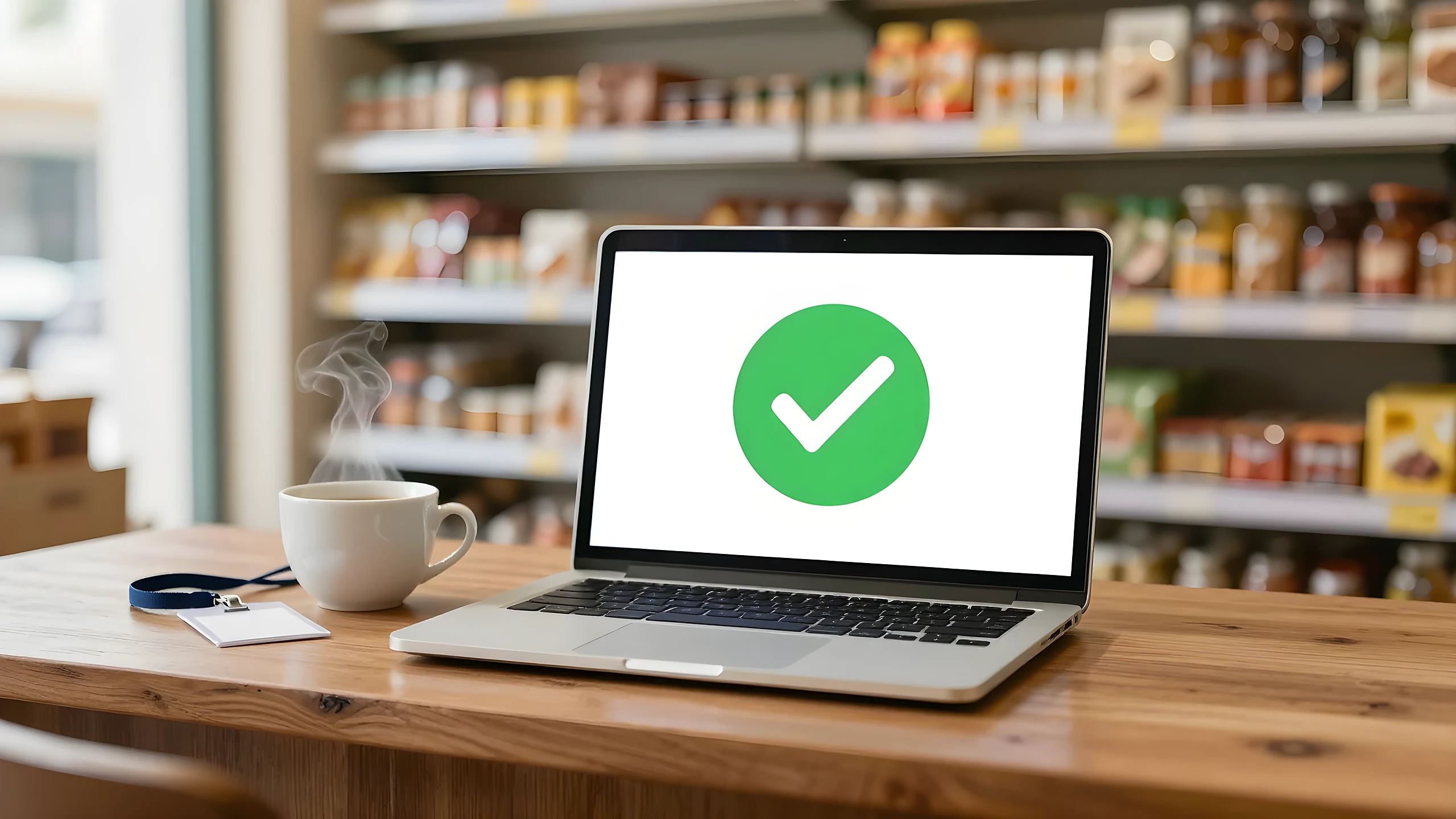 Laptop trên quầy tạp hóa hiện dấu tích xanh sau khi duy trì website định kỳ
