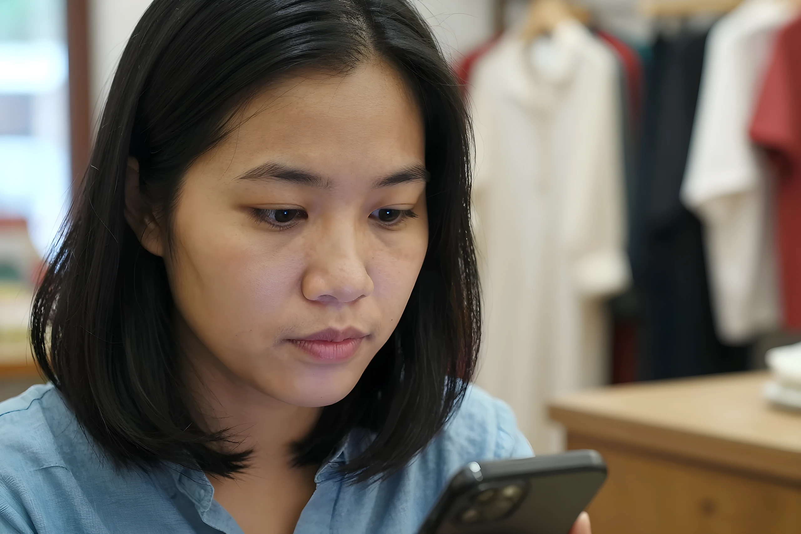 Nữ chủ shop quần áo xem điện thoại, tự kiểm email trước khi chuyển hosting
