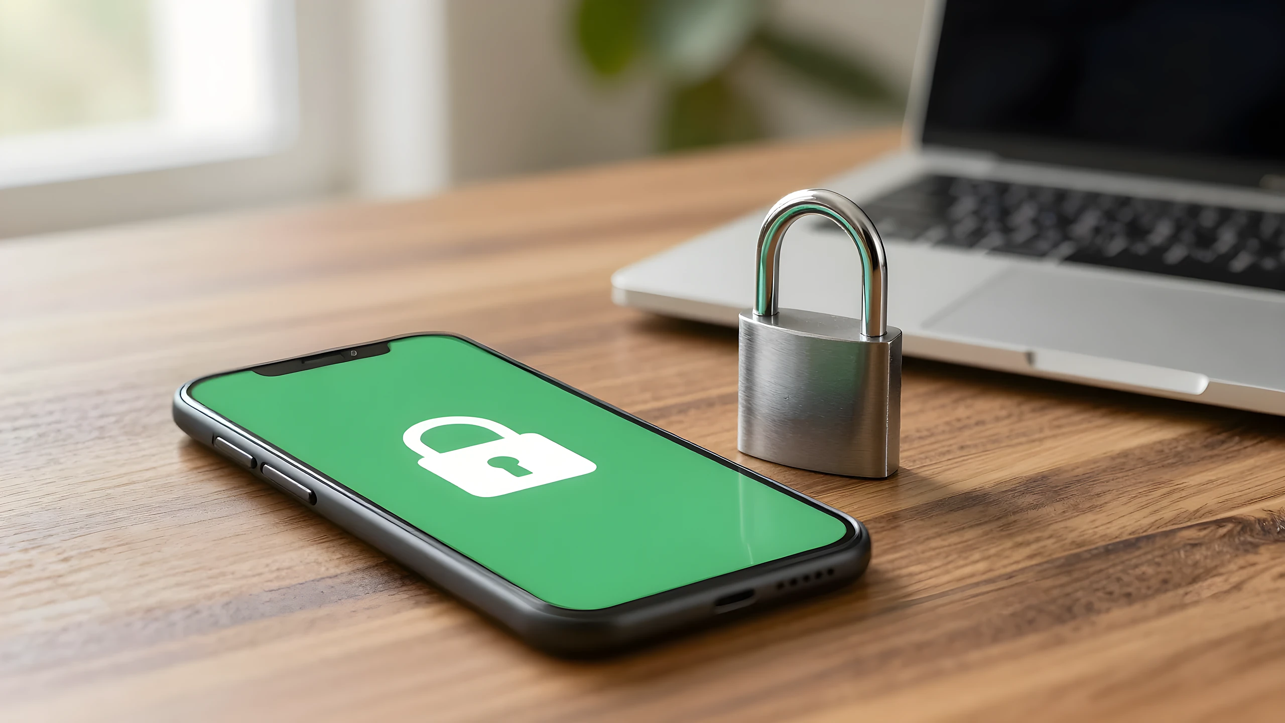 Điện thoại hiện ổ khóa trên nền xanh sau khi chuyển website, cạnh ổ khóa thép