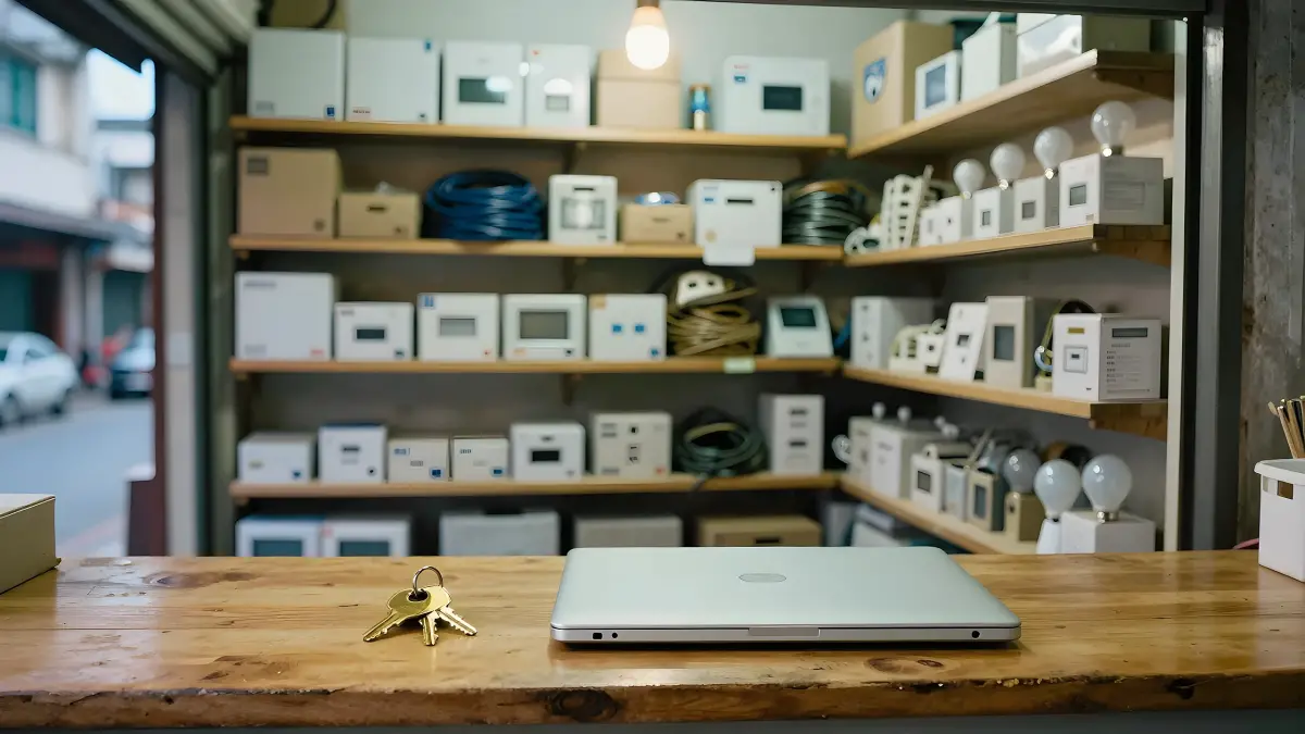 Laptop gập và chùm chìa khóa đồng trên quầy cửa hàng điện nước chờ chuyển website