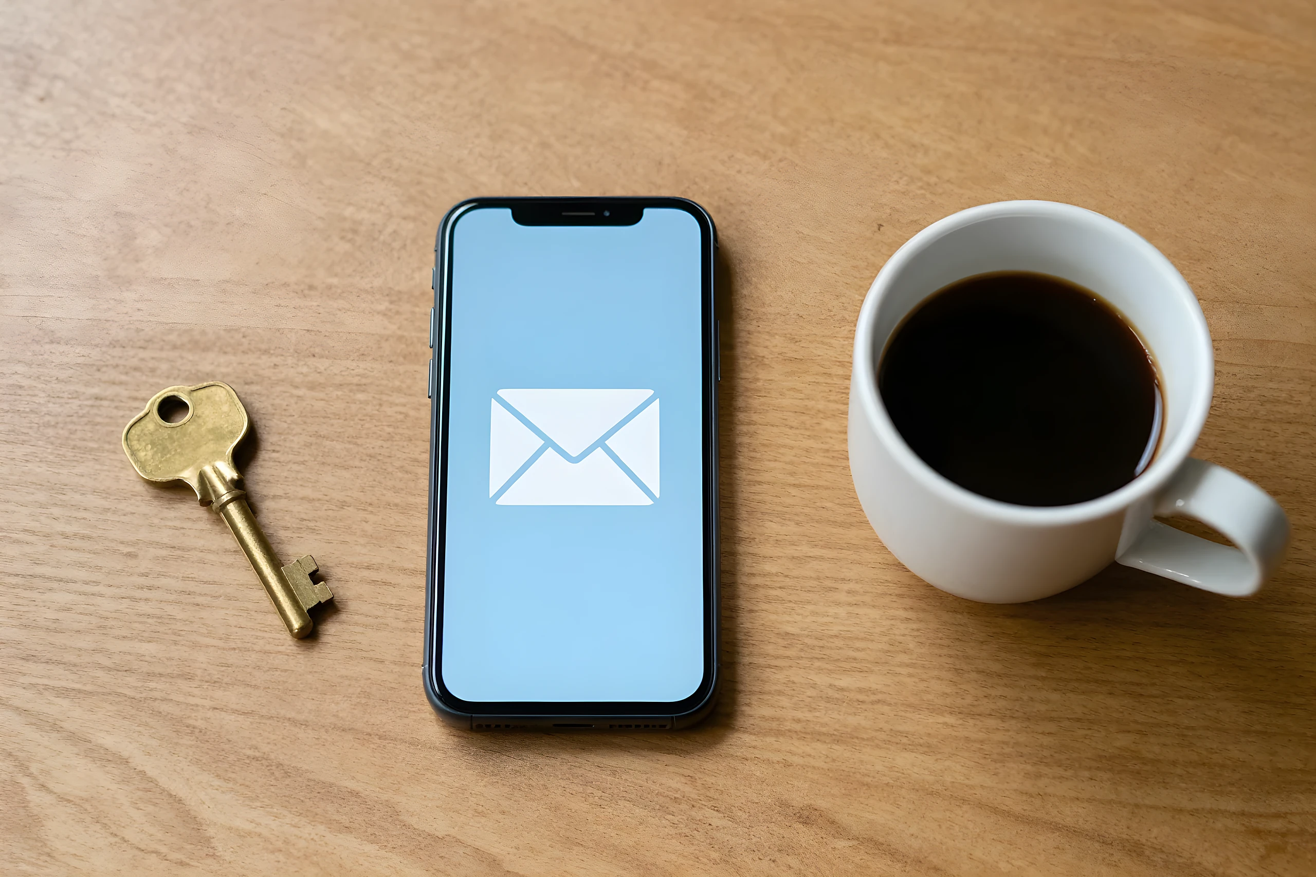 Điện thoại hiện phong bì, chìa khóa đồng, cà phê: chuẩn bị tạo email tên miền