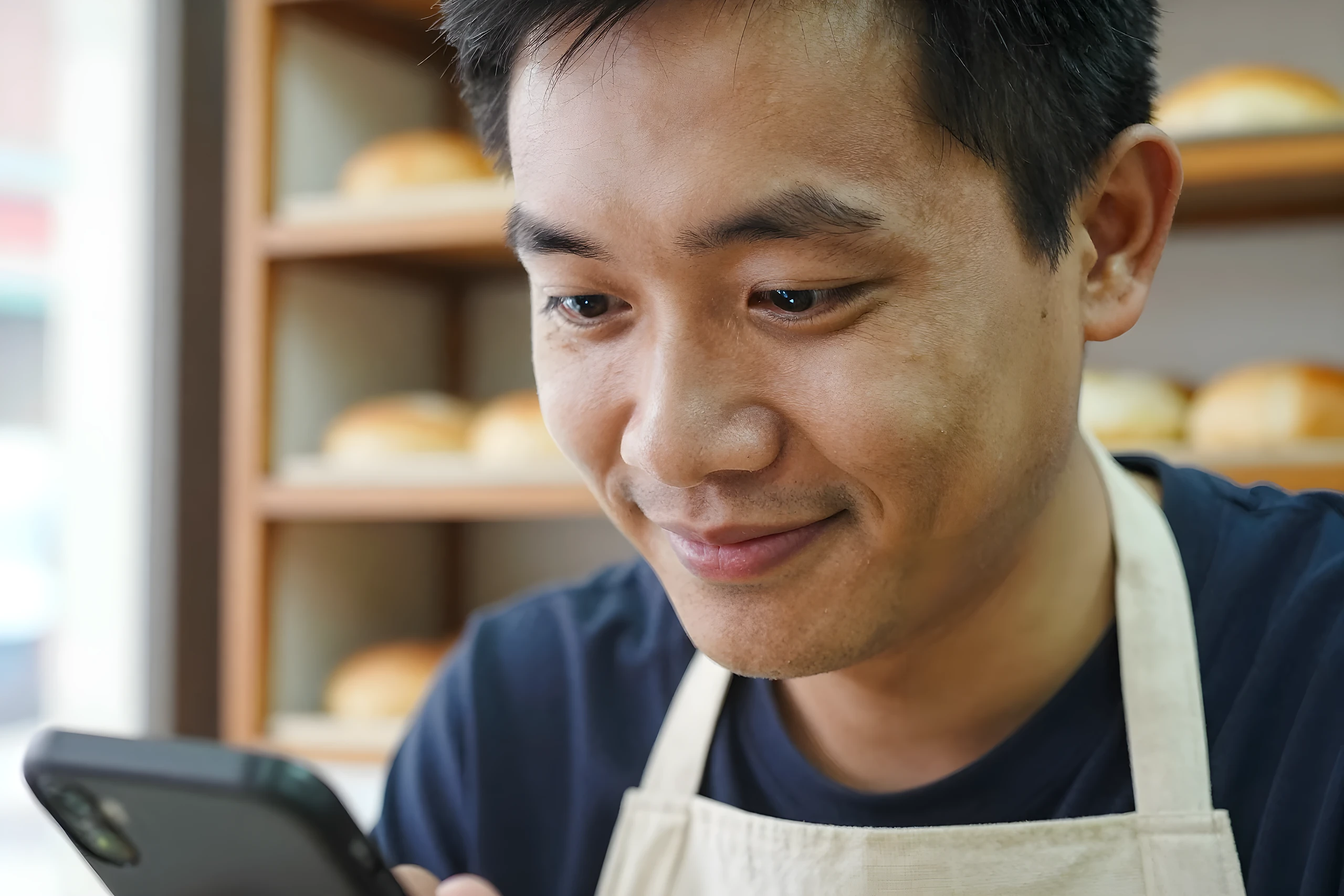 Chủ tiệm bánh mỉm cười xem thư trên điện thoại sau quầy bánh