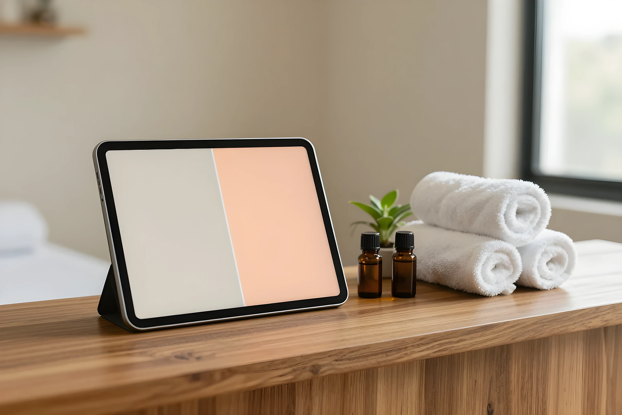 Máy tính bảng hiện khung ảnh trước–sau của website spa bên khăn cuộn, tinh dầu