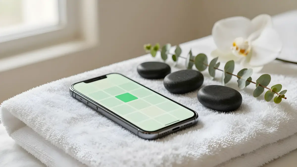 Điện thoại hiện lịch đặt chỗ của website spa trên khăn trắng cạnh ba viên đá