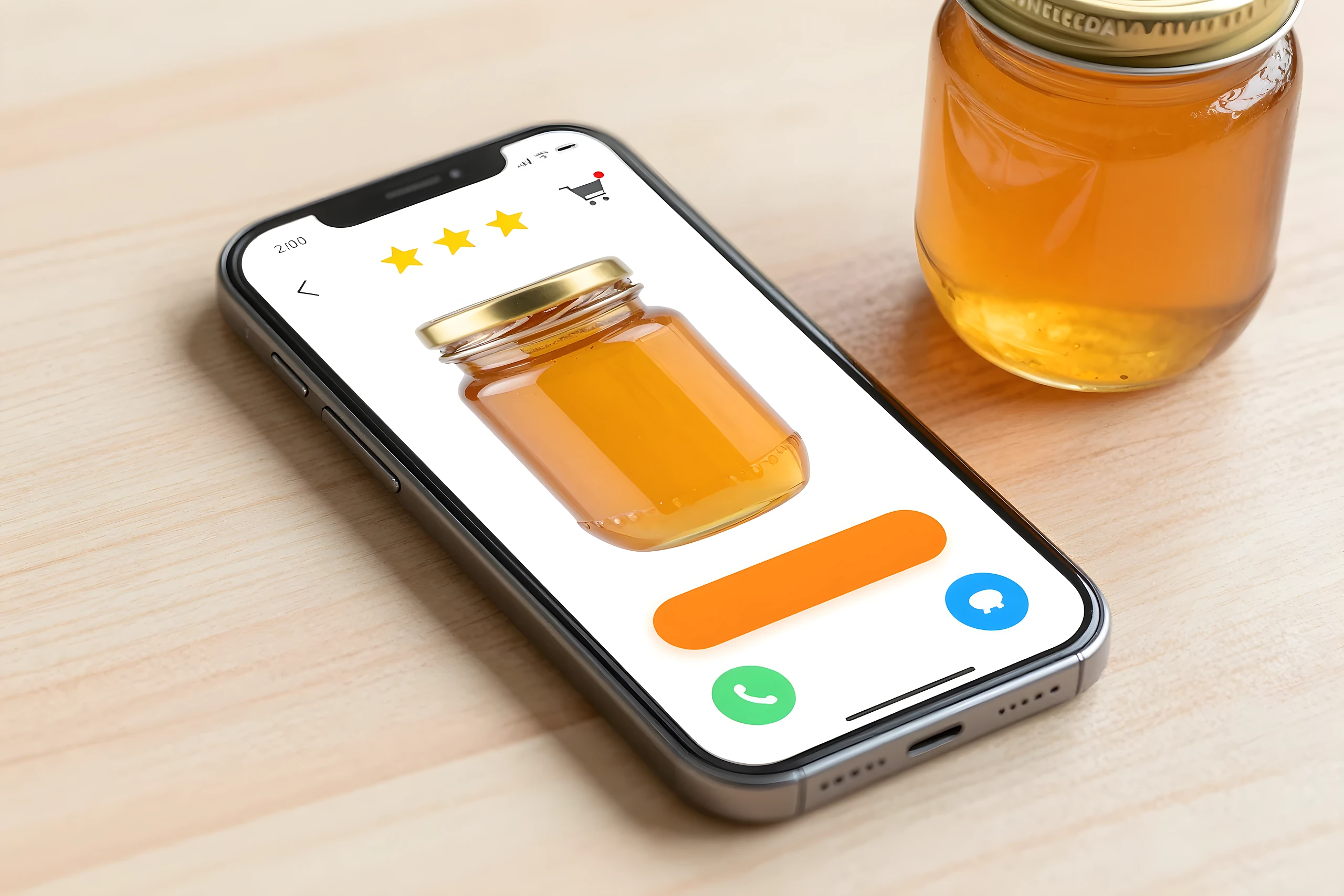 Điện thoại mở website bán hàng có nút gọi, giỏ hàng, cạnh lọ mật ong