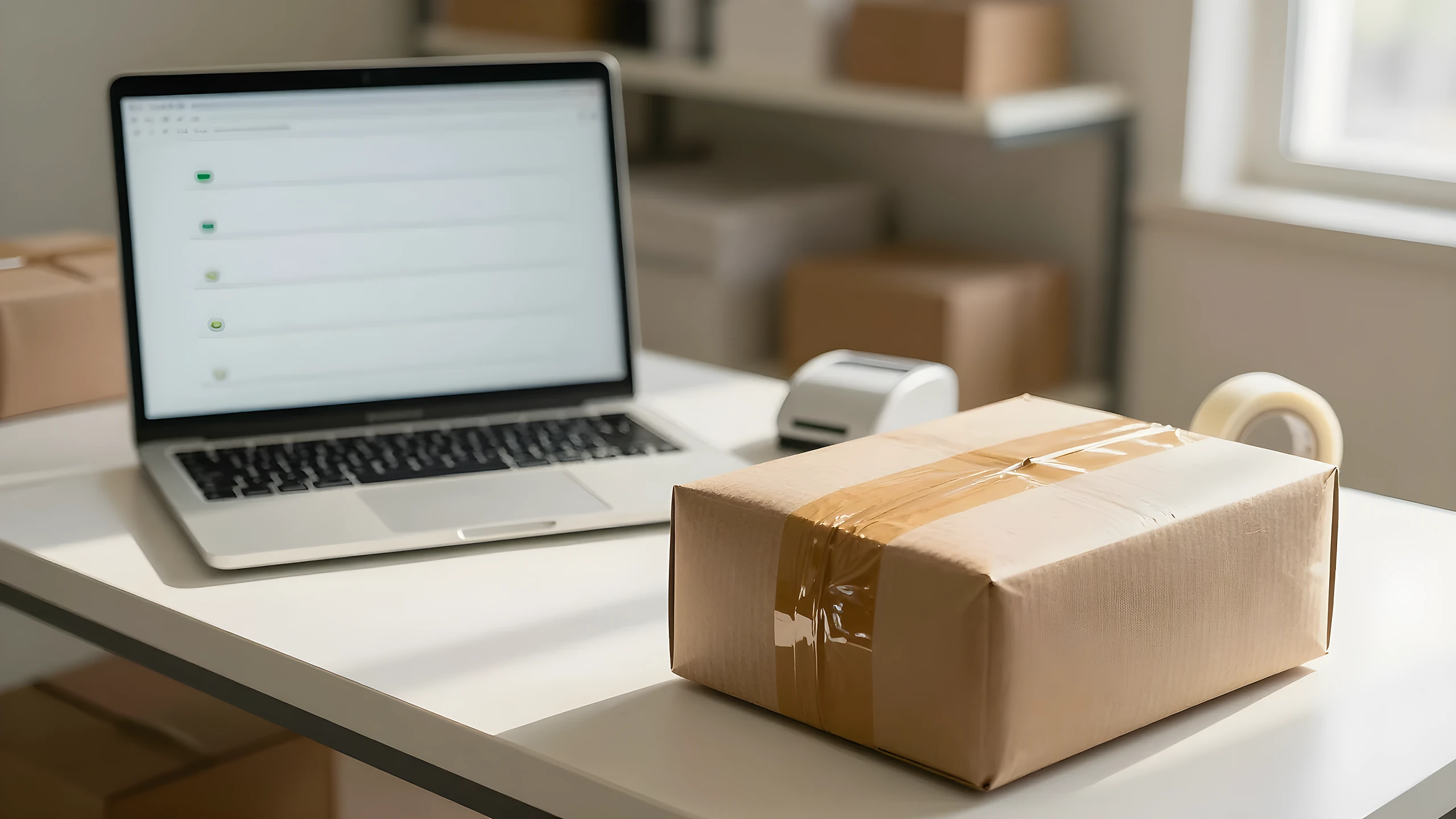 Laptop mở danh sách đơn hàng cạnh thùng hàng dán băng keo, máy in nhãn