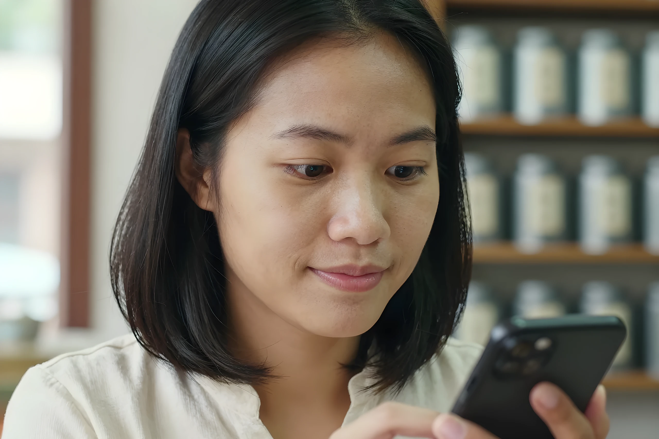 Nữ chủ tiệm trà mỉm cười xem điện thoại khi tự kiểm website không lên Google