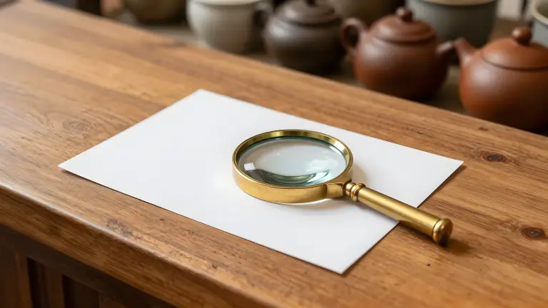 Kính lúp đồng soi thẻ trắng trống trên quầy trà, như website không lên Google